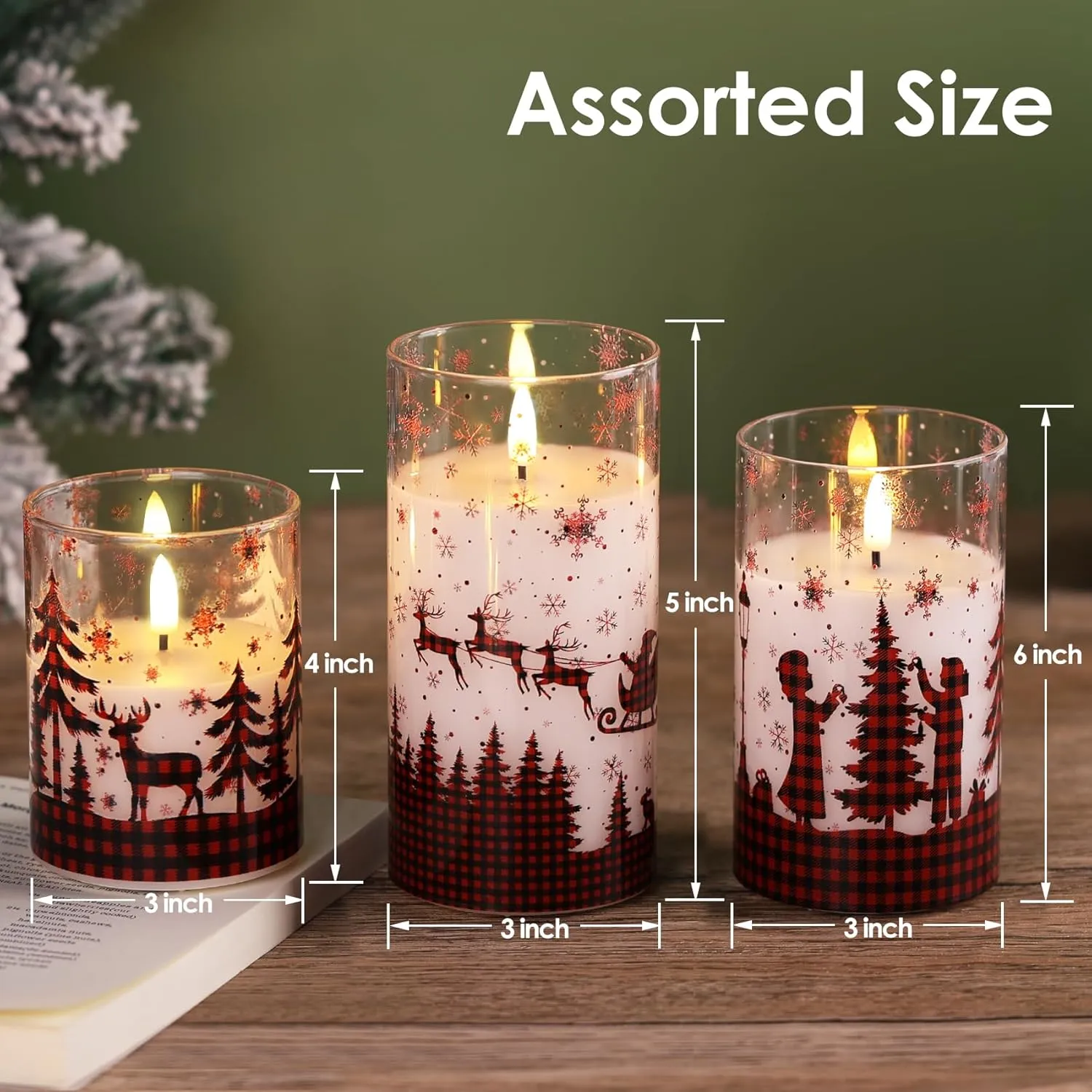 Eywamage Red Buffalo Plaid Glass Flameless Candles with Remote, Flickering Real Wax Christmas LED Pillar Candles Set of 3