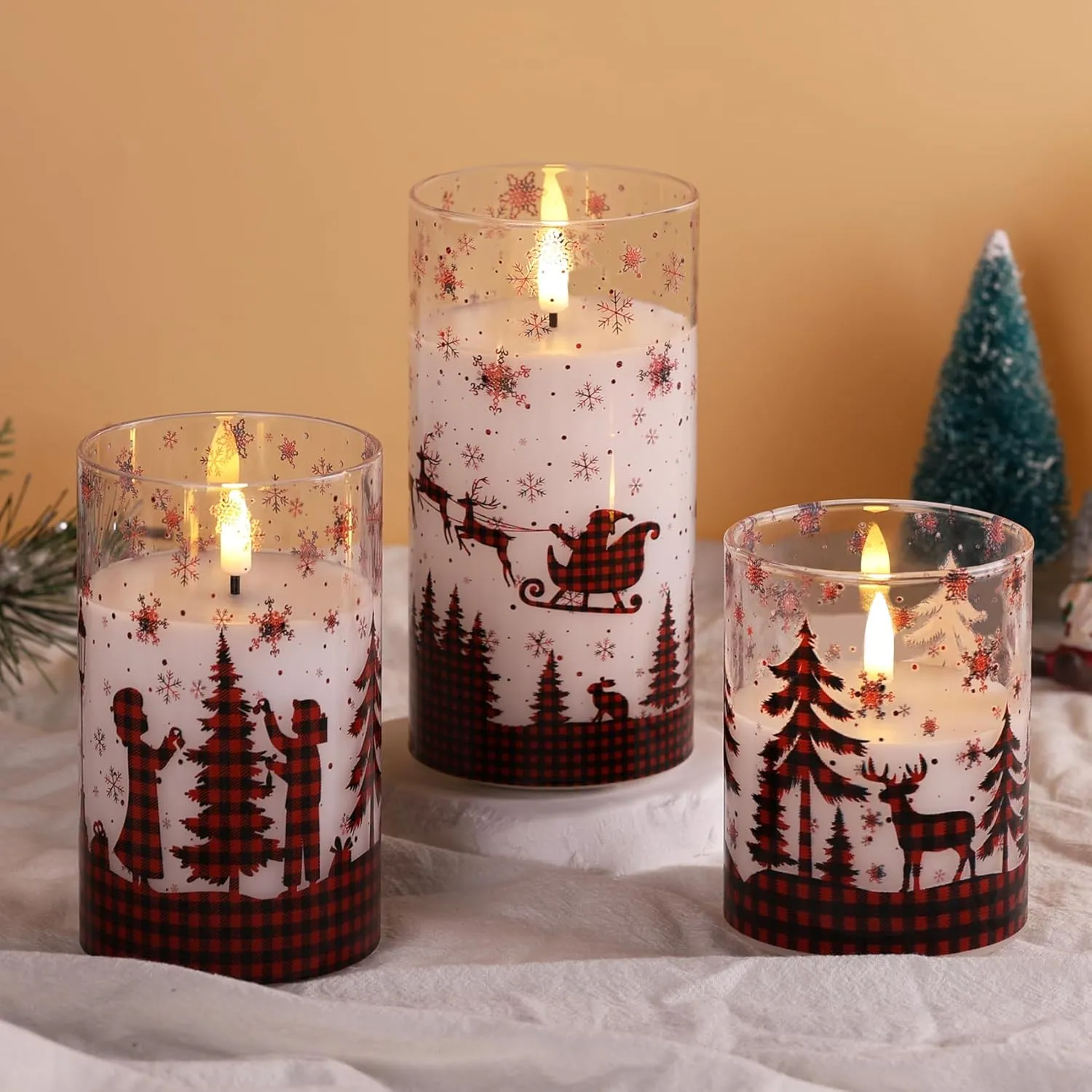 Eywamage Red Buffalo Plaid Glass Flameless Candles with Remote, Flickering Real Wax Christmas LED Pillar Candles Set of 3