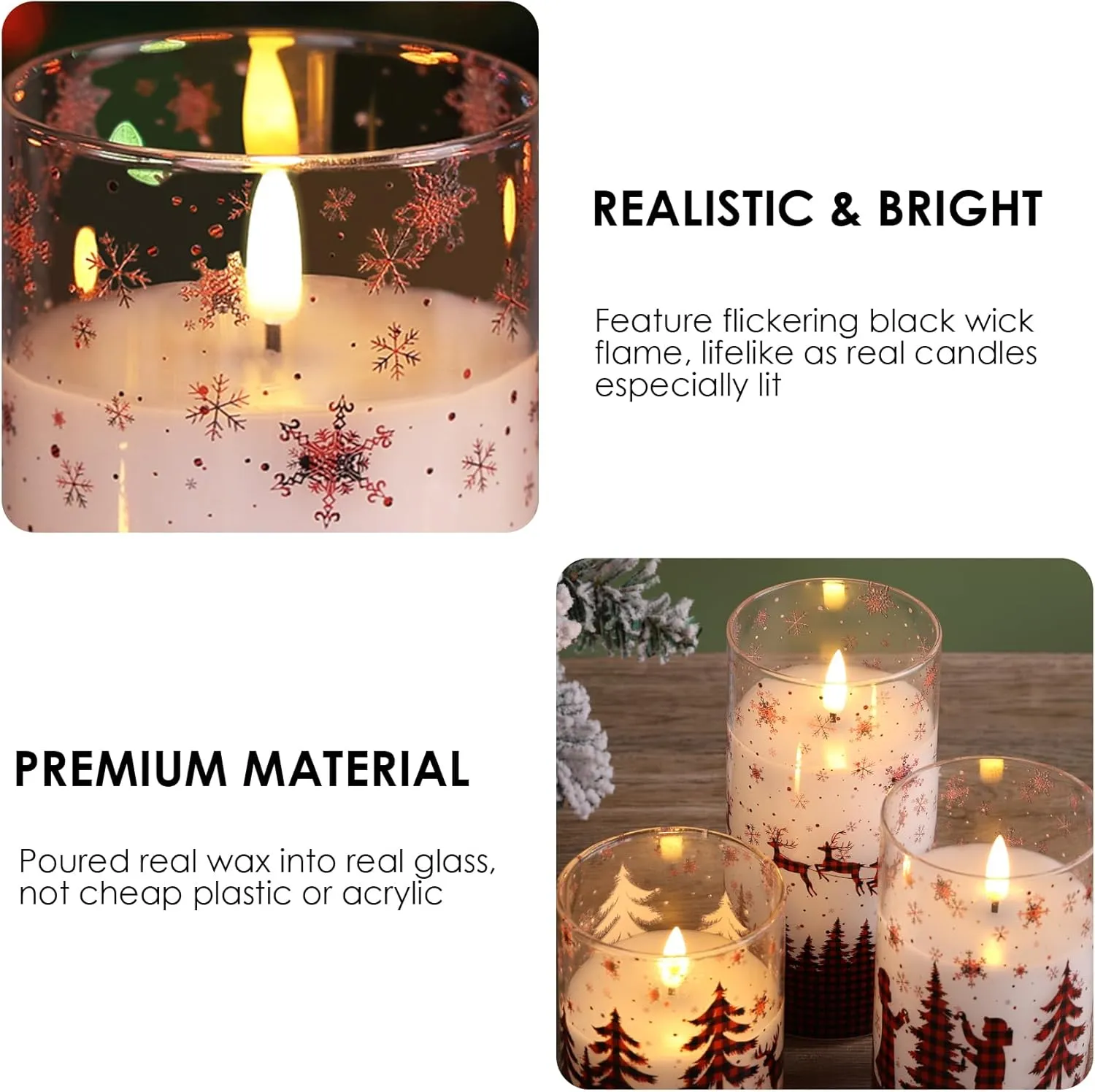 Eywamage Red Buffalo Plaid Glass Flameless Candles with Remote, Flickering Real Wax Christmas LED Pillar Candles Set of 3