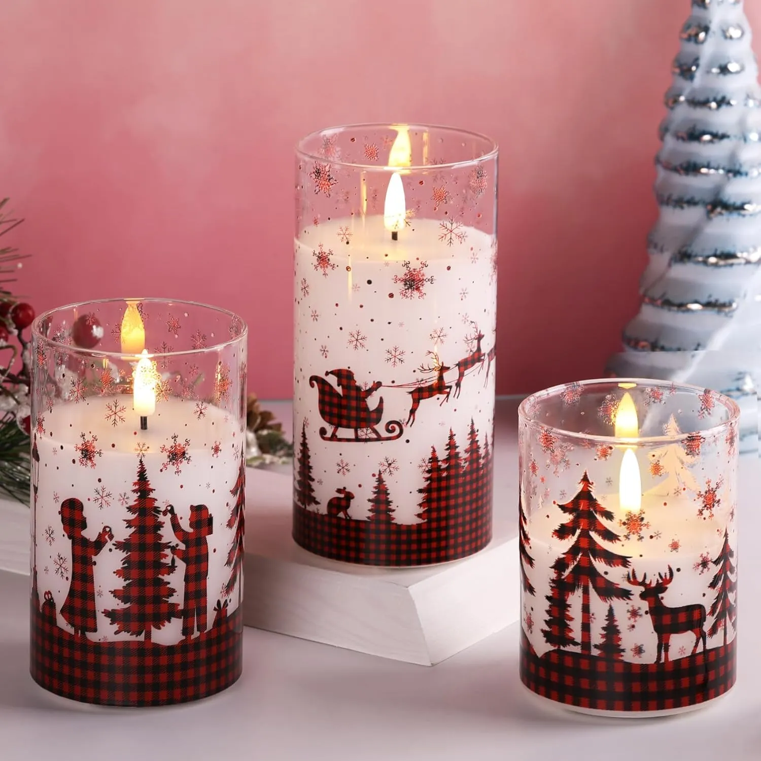 Eywamage Red Buffalo Plaid Glass Flameless Candles with Remote, Flickering Real Wax Christmas LED Pillar Candles Set of 3