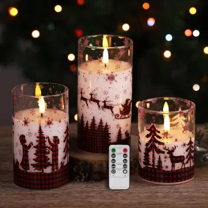 Eywamage Red Buffalo Plaid Glass Flameless Candles with Remote, Flickering Real Wax Christmas LED Pillar Candles Set of 3