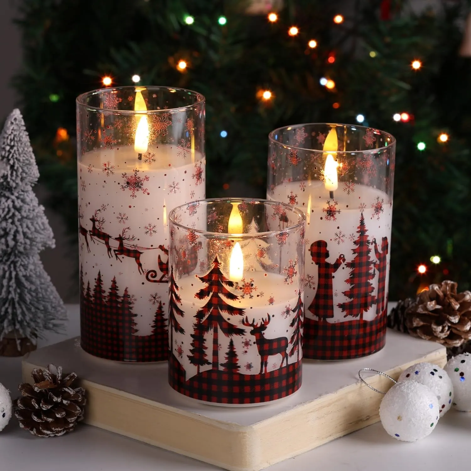Eywamage Red Buffalo Plaid Glass Flameless Candles with Remote, Flickering Real Wax Christmas LED Pillar Candles Set of 3