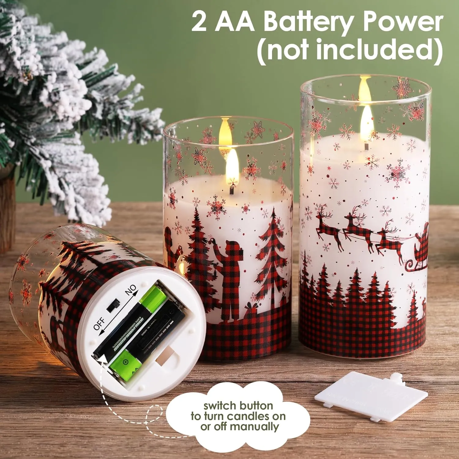 Eywamage Red Buffalo Plaid Glass Flameless Candles with Remote, Flickering Real Wax Christmas LED Pillar Candles Set of 3