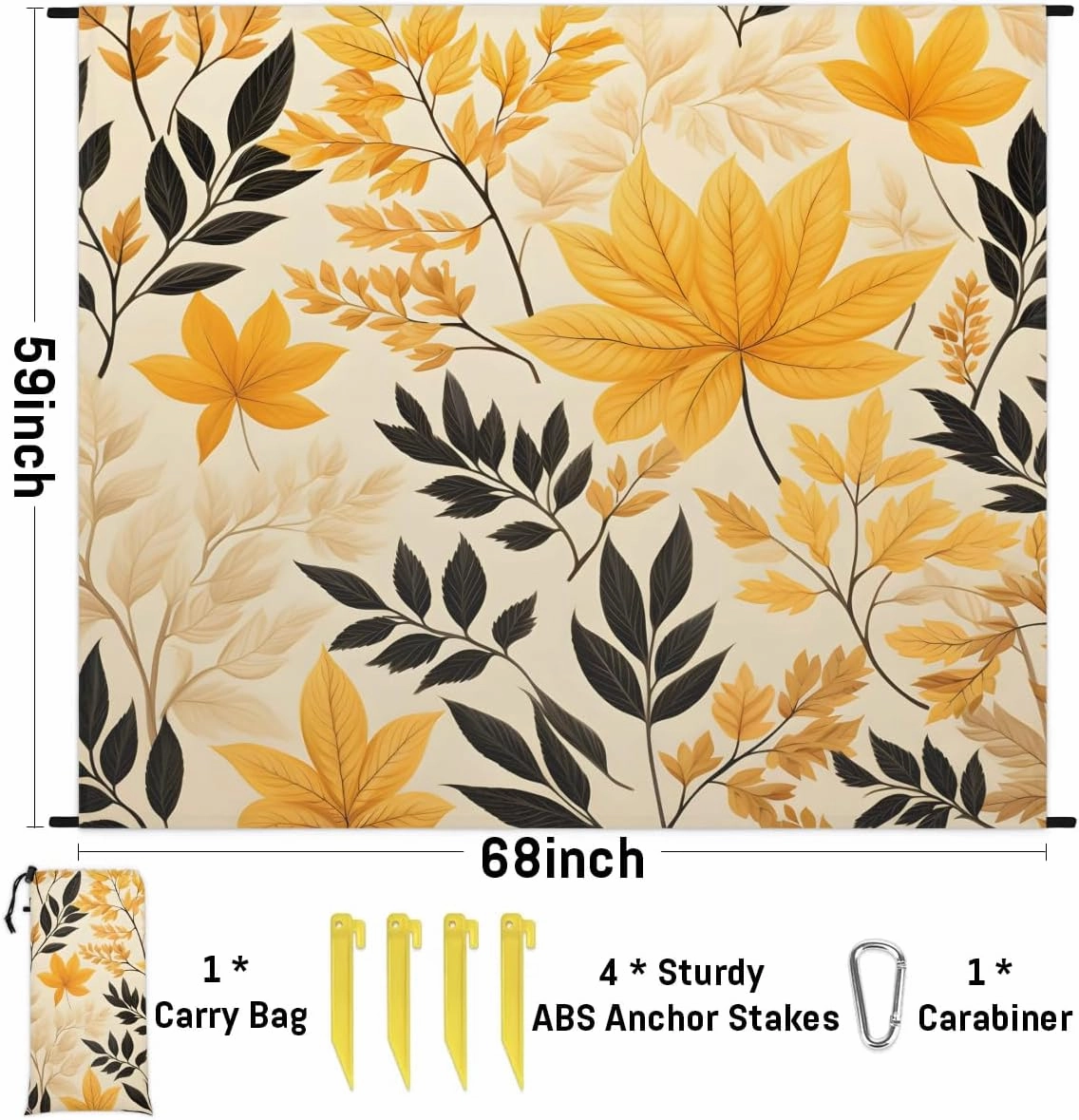 Fall Leaves Beach Blanket, Sandproof Beach Mat, 68 x 59 Waterproof Quick Drying Sand Free Mat with 4 x Ground Spikes for Outdoor Travel Camping Hiking, Autumn Leaves Fall Printed