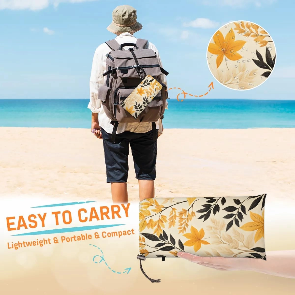 Fall Leaves Beach Blanket, Sandproof Beach Mat, 68 x 59 Waterproof Quick Drying Sand Free Mat with 4 x Ground Spikes for Outdoor Travel Camping Hiking, Autumn Leaves Fall Printed