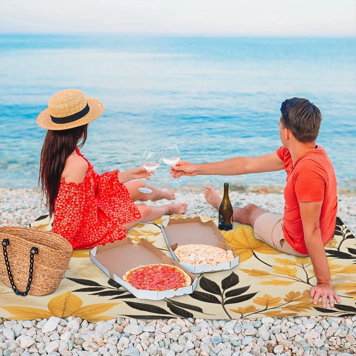 Fall Leaves Beach Blanket, Sandproof Beach Mat, 68 x 59 Waterproof Quick Drying Sand Free Mat with 4 x Ground Spikes for Outdoor Travel Camping Hiking, Autumn Leaves Fall Printed