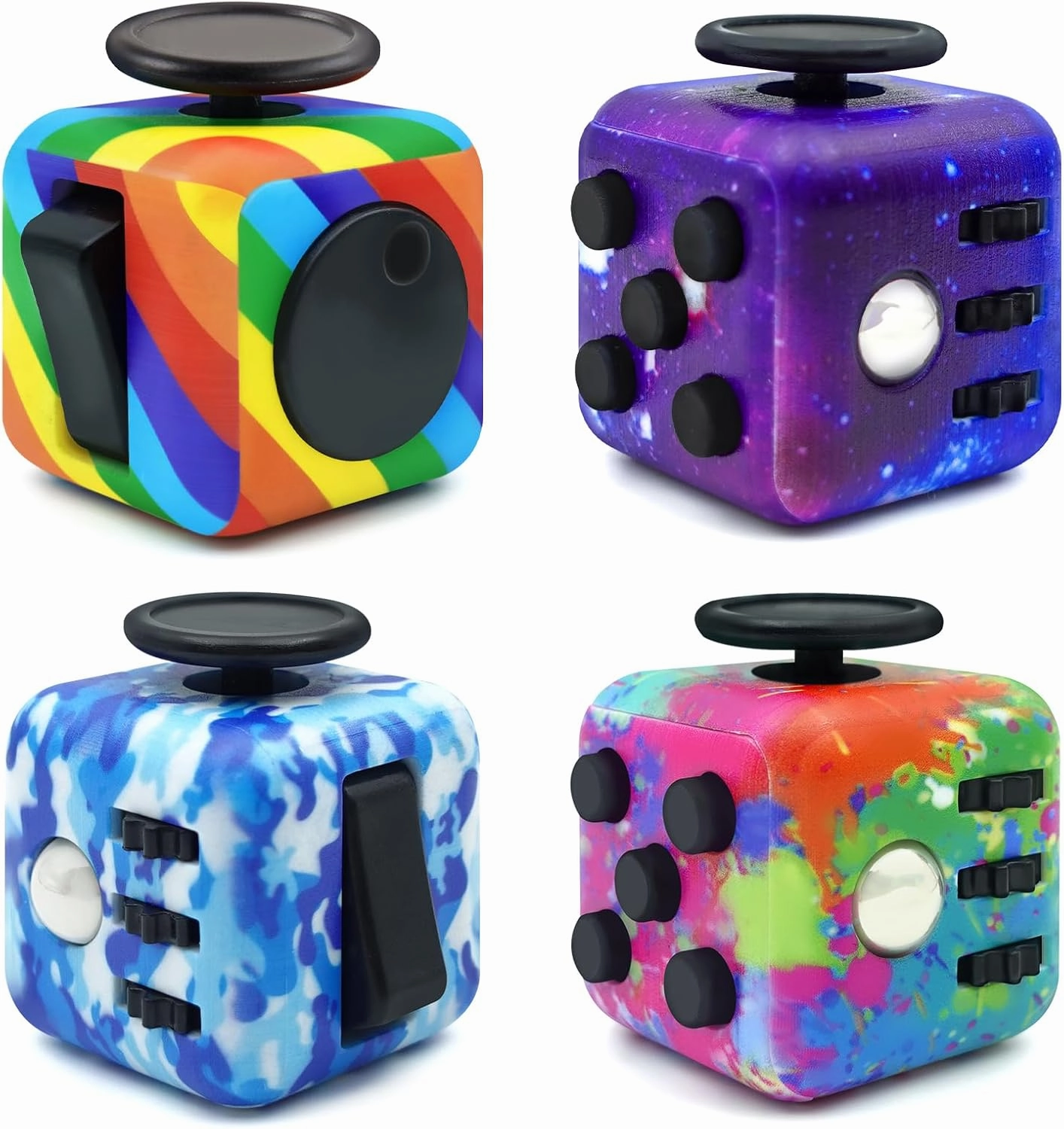 Fangool Fidget Toy Cube, 4 Pack Cube Fidget Anxiety Relief Toys for Adults and Kids, 6 Sided Fidget Toys Cube Hand-Held for Adults, Audible/Silent Cube Toys Fidget for ADD/ADHD/OCD