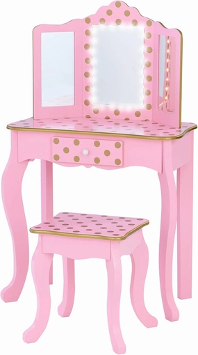 Fantasy Fields Teamson Kids Pretend Play Kids Vanity Table and Chair Vanity Set with LED Mirror Makeup Dressing Table with Drawer Fashion Polka Dot Prints Gisele Play Vanity Set Pink/Rose Gold