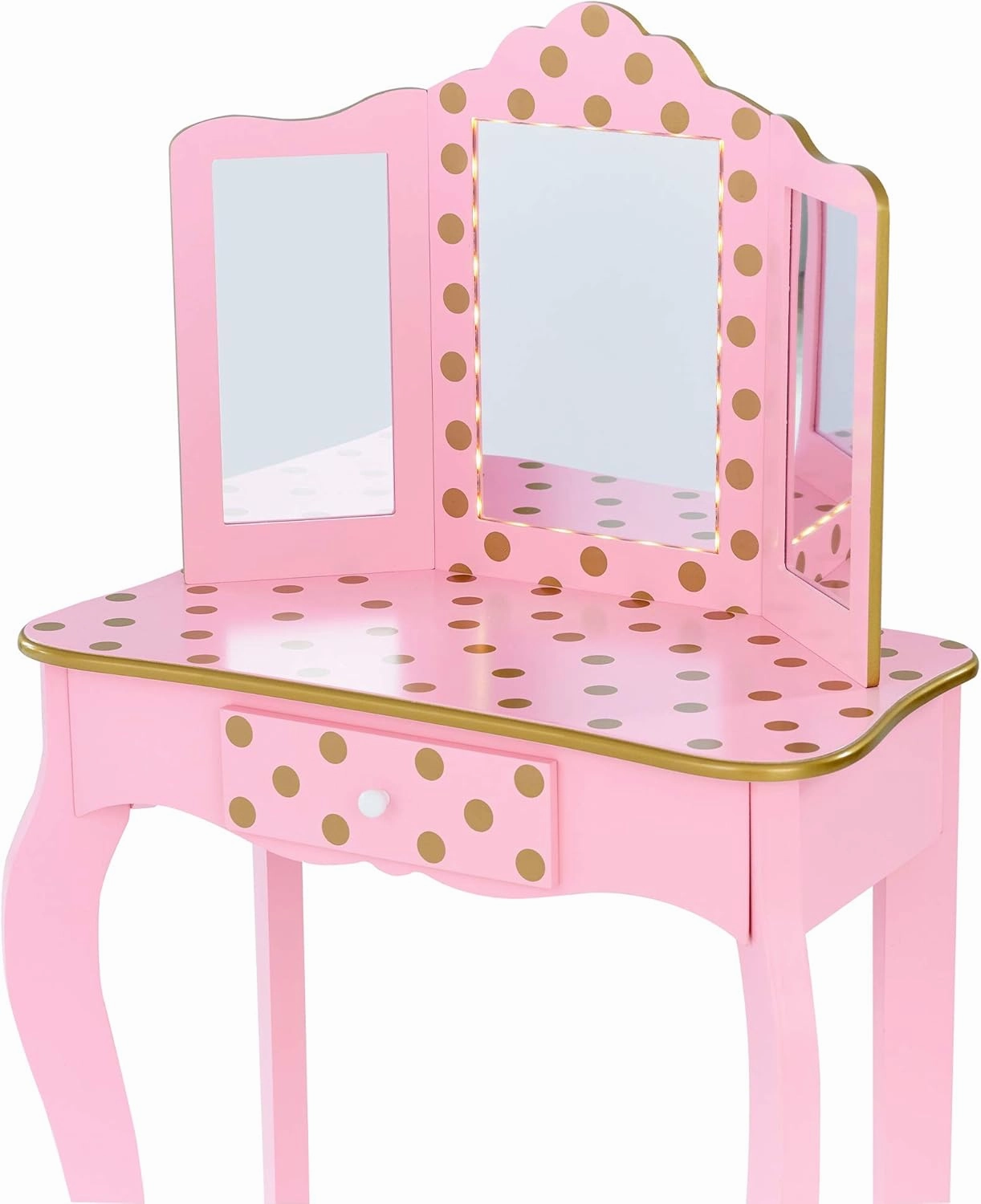 Fantasy Fields Teamson Kids Pretend Play Kids Vanity Table and Chair Vanity Set with LED Mirror Makeup Dressing Table with Drawer Fashion Polka Dot Prints Gisele Play Vanity Set Pink/Rose Gold