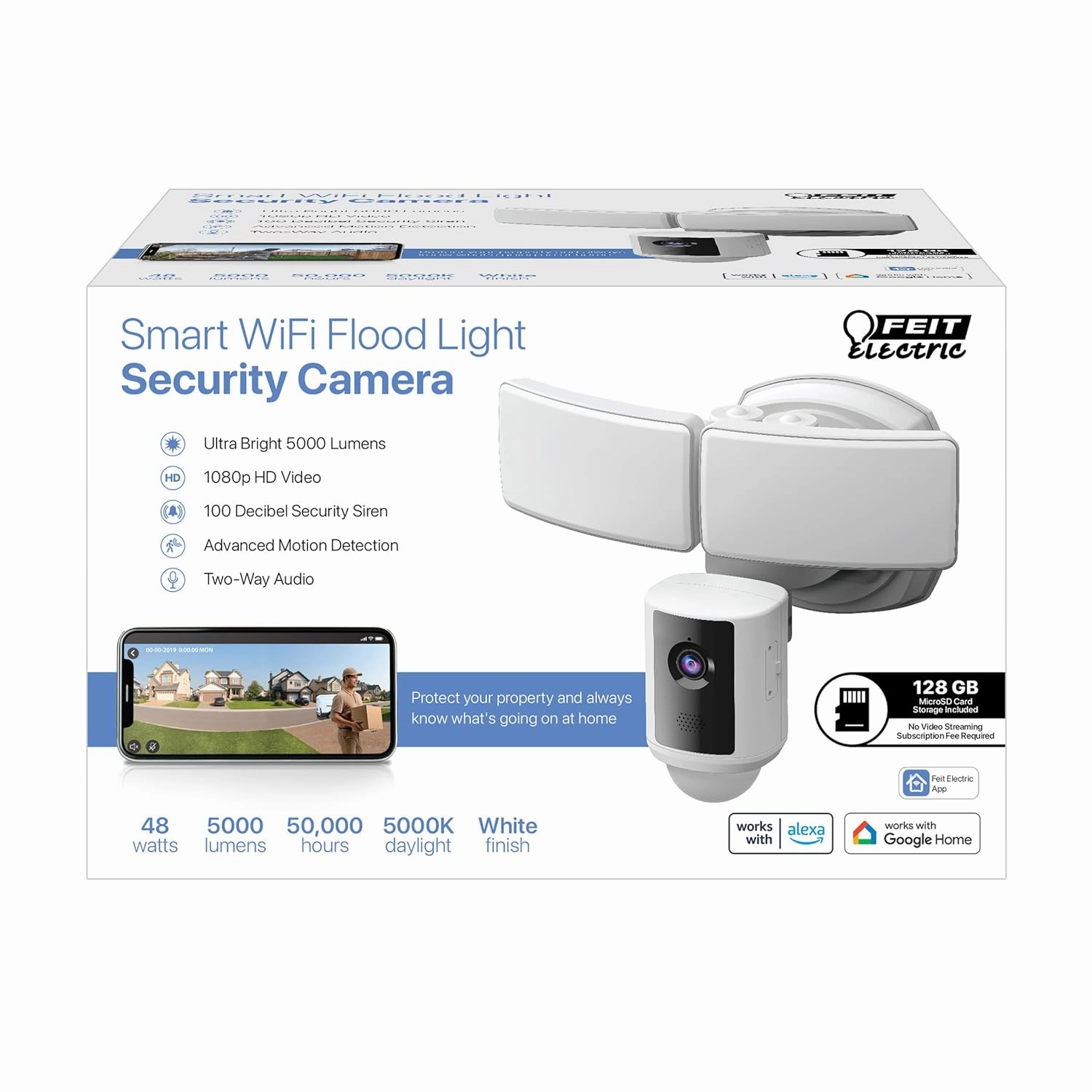 Feit Electric SEC5000/CAM/WIFI Outdoor LED Smart Security Camera with Motion Sensor, 2-Way Audio, 5000 Lumens Floodlight, Works with Alexa and Google Asst, Alarm, Hardwired, Updated Version of SEC3000