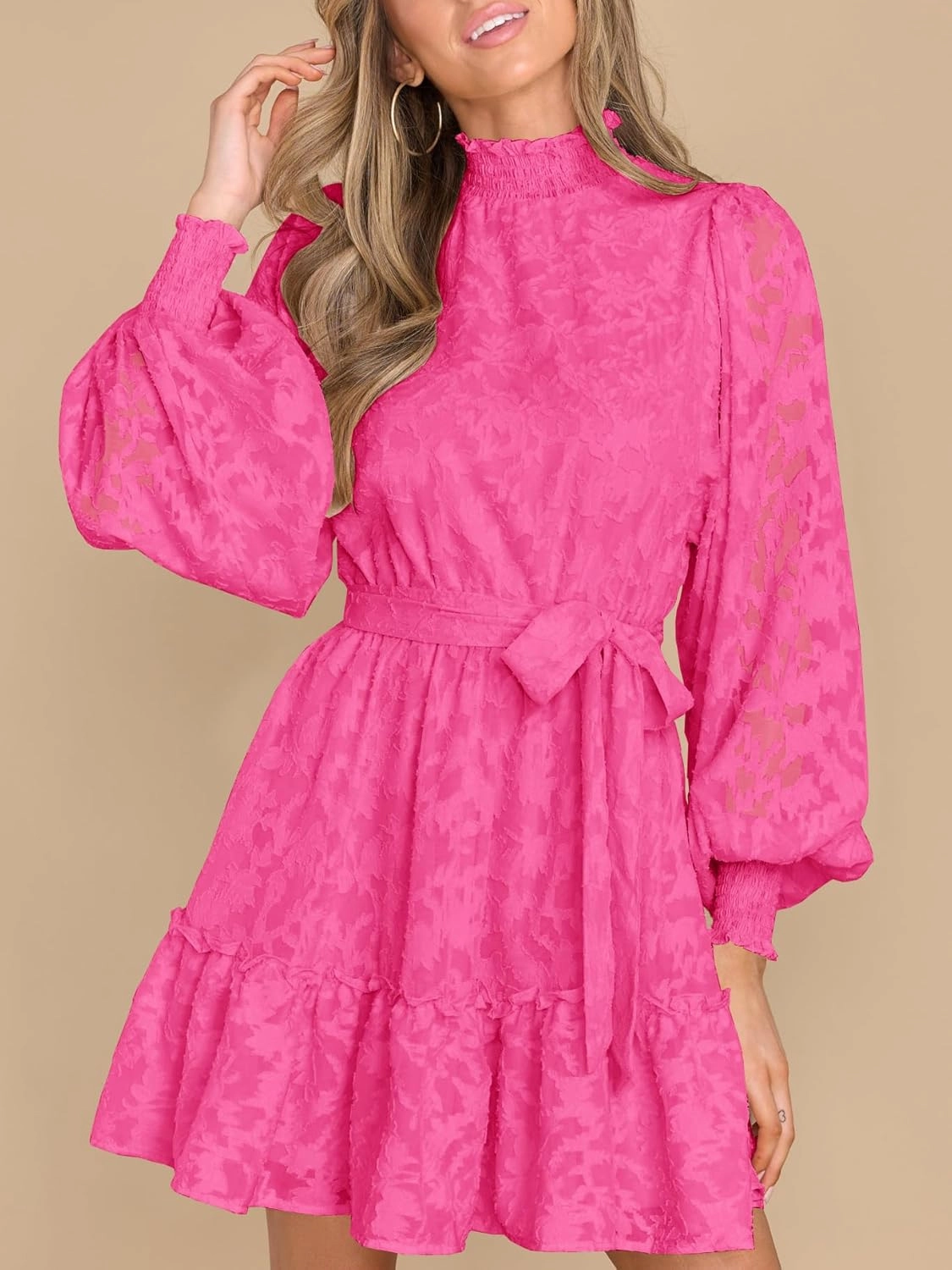 Ferlema Womens 2024 Long Puff Sleeve Smocked High Neck Tie Waist Floral Lace A Line Flowy Party Mini Dress