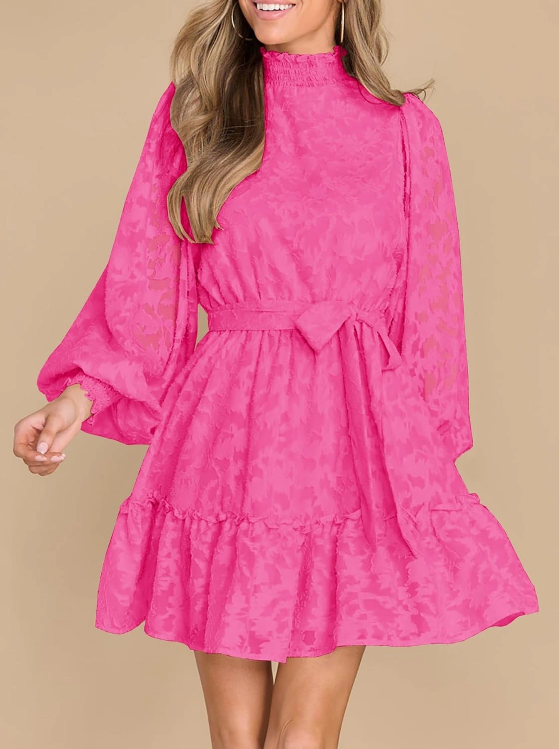 Ferlema Womens 2024 Long Puff Sleeve Smocked High Neck Tie Waist Floral Lace A Line Flowy Party Mini Dress