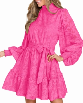 Ferlema Womens 2024 Long Puff Sleeve Smocked High Neck Tie Waist Floral Lace A Line Flowy Party Mini Dress