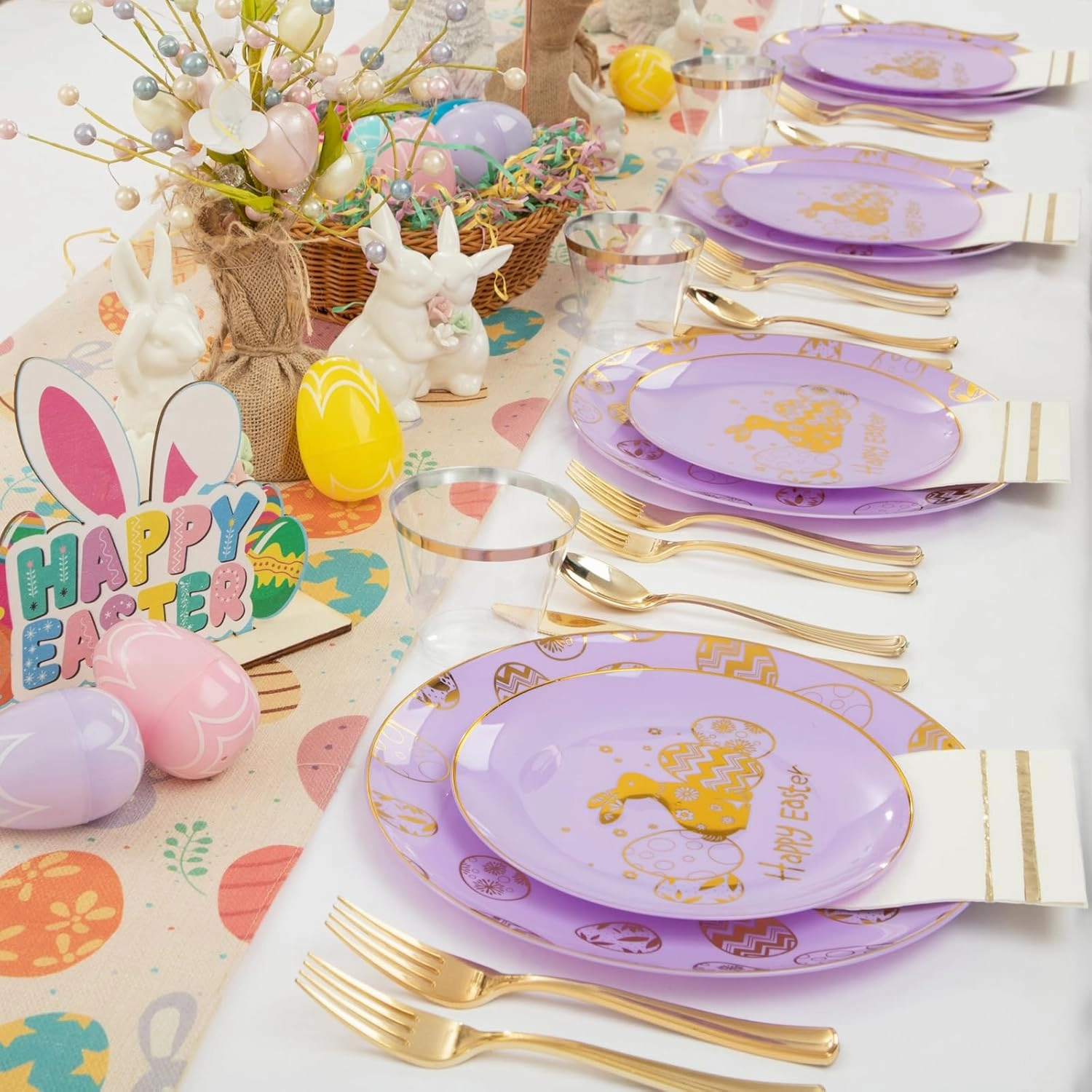 Festiva 175Pcs Easter Plates and Napkins Disposable - Purple and Gold Plastic Dinnerware Set for 50 guests include 50 Plates 25Cups 25Plastic Silverware 25Napkins Perfect for Easter Party
