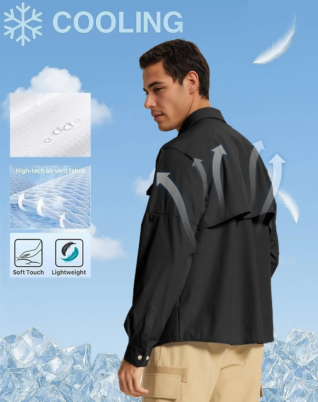 Fishing Shirts for Men Long Sleeve Sun Protection Outdoor Safari Shirt Men Clothes, Quick Dry Mens Fishing Shirts