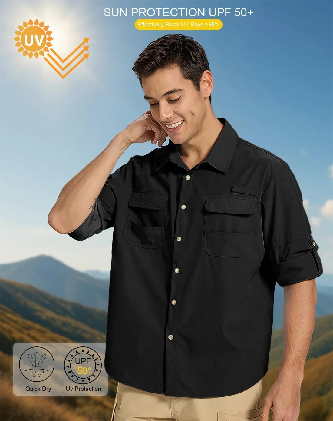 Fishing Shirts for Men Long Sleeve Sun Protection Outdoor Safari Shirt Men Clothes, Quick Dry Mens Fishing Shirts
