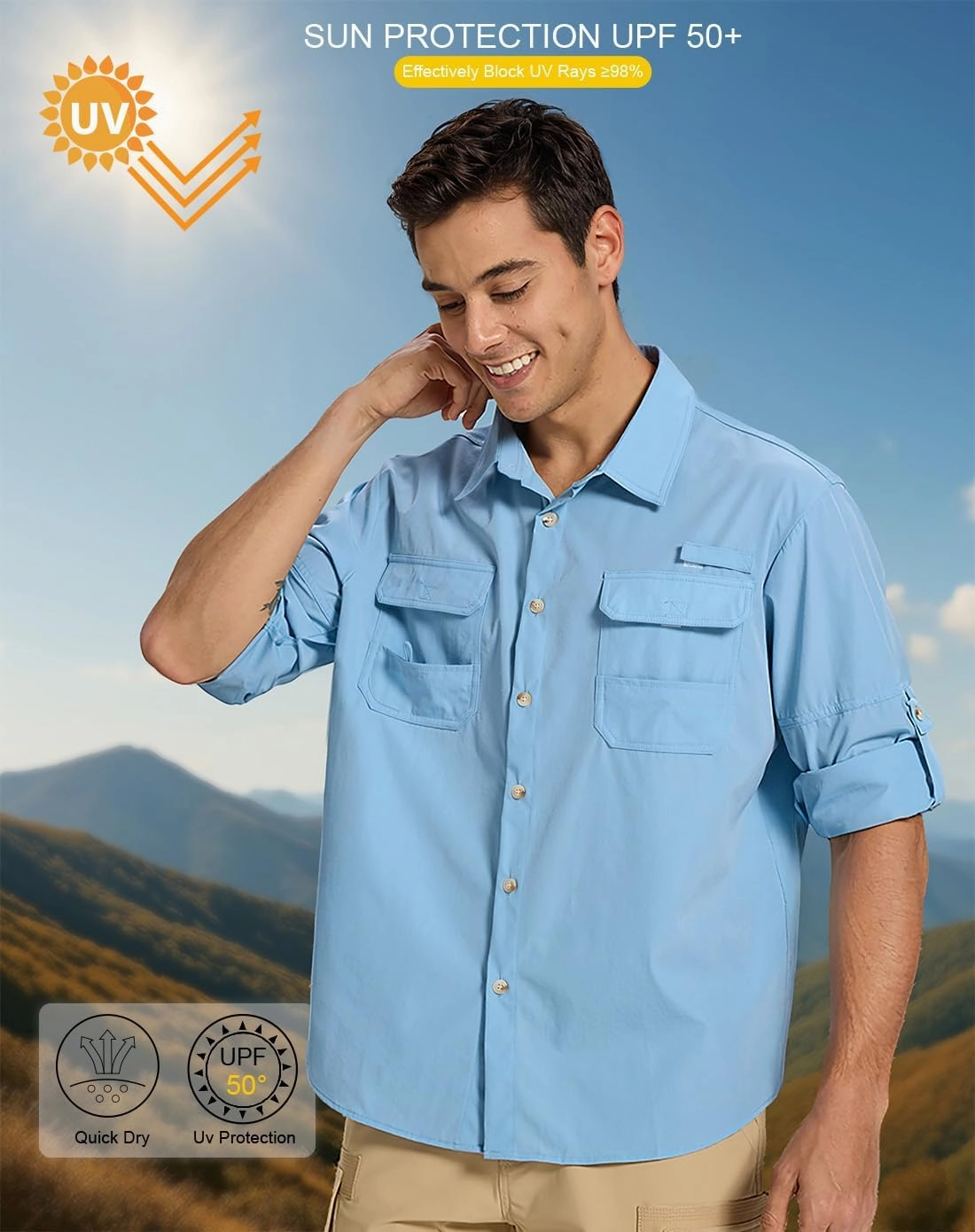 Fishing Shirts for Men Long Sleeve Sun Protection Outdoor Safari Shirt Men Clothes, Quick Dry Mens Fishing Shirts