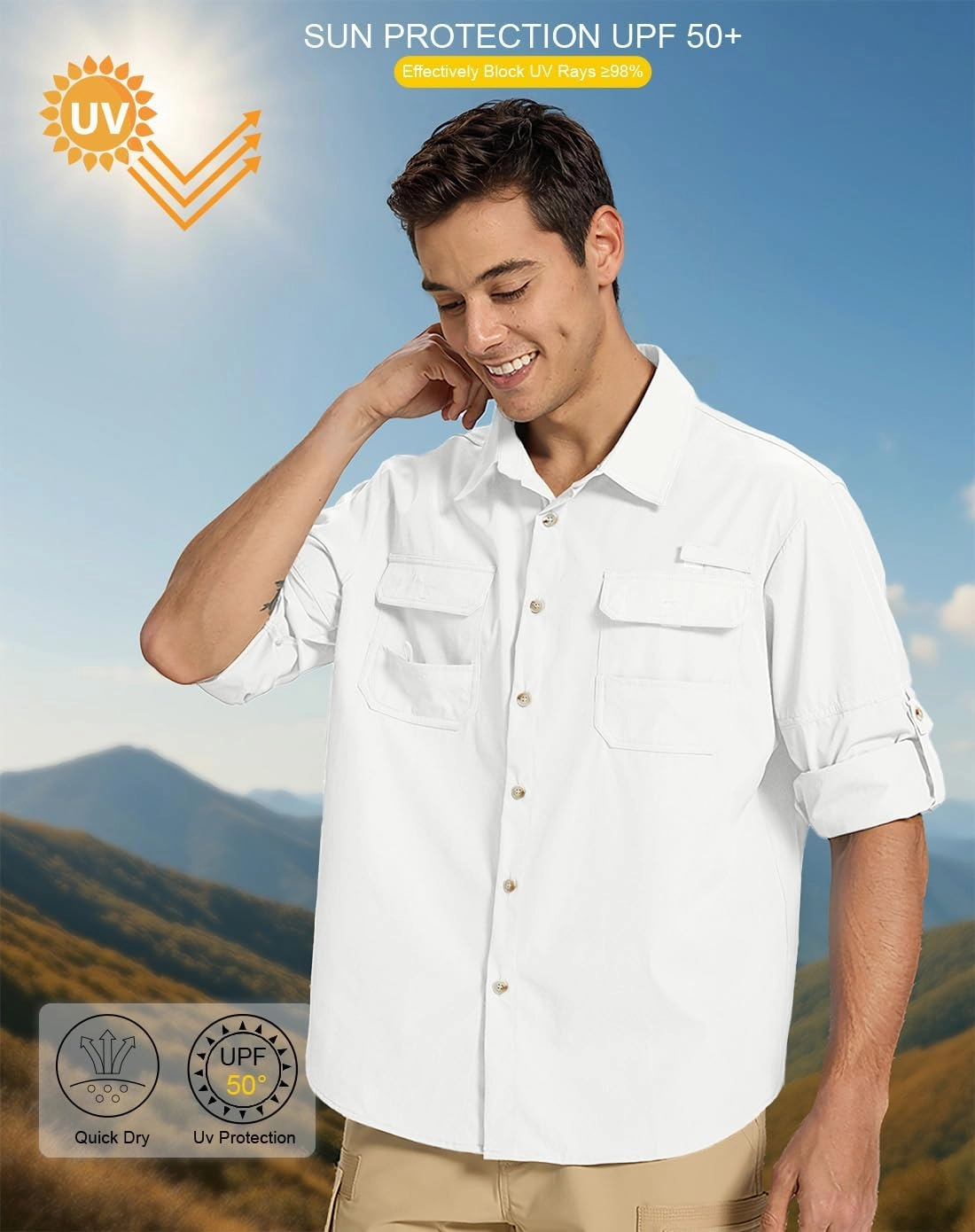 Fishing Shirts for Men Long Sleeve Sun Protection Outdoor Safari Shirt Men Clothes, Quick Dry Mens Fishing Shirts