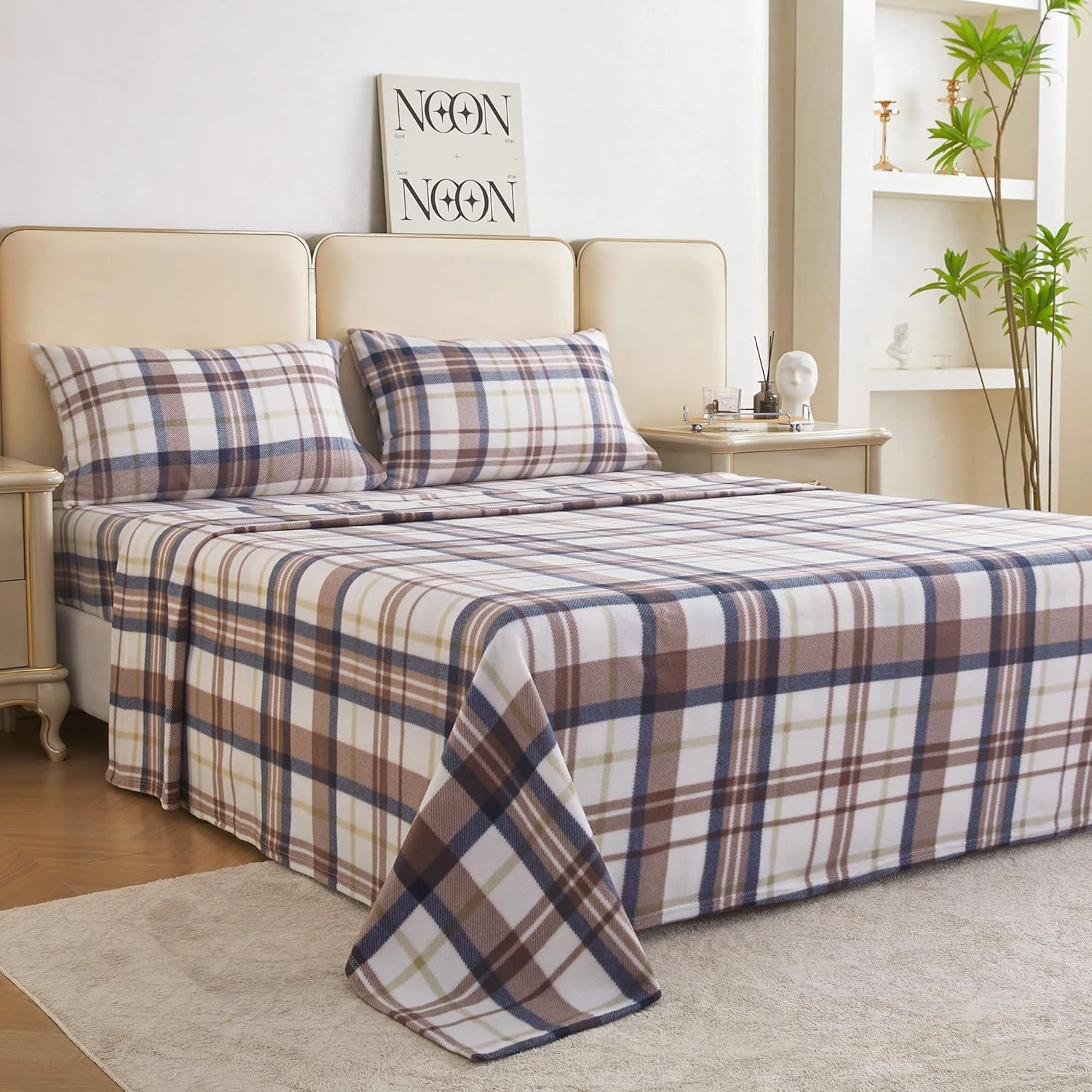 Fleece Full Sheets Set 4-Piece Micro Polar Fleece Bed Sets with 15" Deep Pocket Fitted Soft Warm Sheet, Flat Sheet and Pillowcase, Brown Plaid