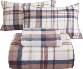 Fleece Full Sheets Set 4-Piece Micro Polar Fleece Bed Sets with 15" Deep Pocket Fitted Soft Warm Sheet, Flat Sheet and Pillowcase, Brown Plaid