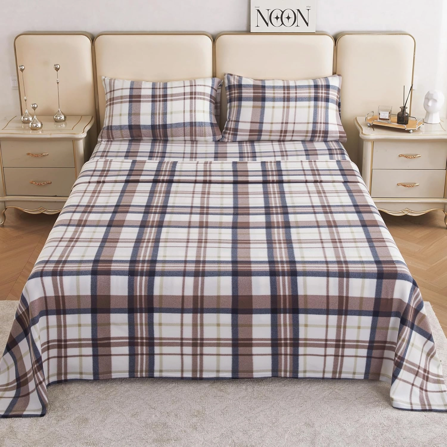 Fleece Full Sheets Set 4-Piece Micro Polar Fleece Bed Sets with 15" Deep Pocket Fitted Soft Warm Sheet, Flat Sheet and Pillowcase, Brown Plaid