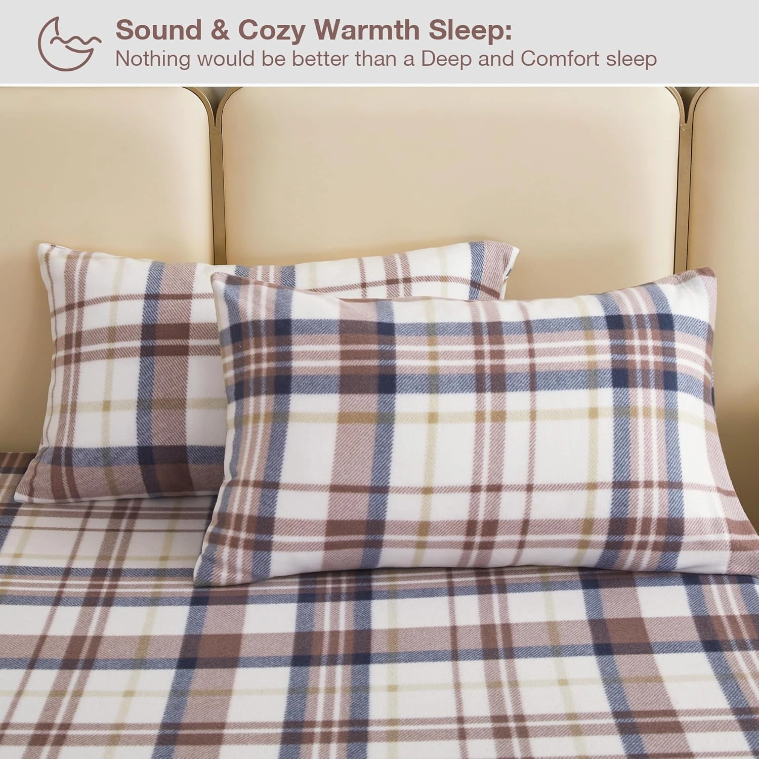 Fleece Full Sheets Set 4-Piece Micro Polar Fleece Bed Sets with 15" Deep Pocket Fitted Soft Warm Sheet, Flat Sheet and Pillowcase, Brown Plaid