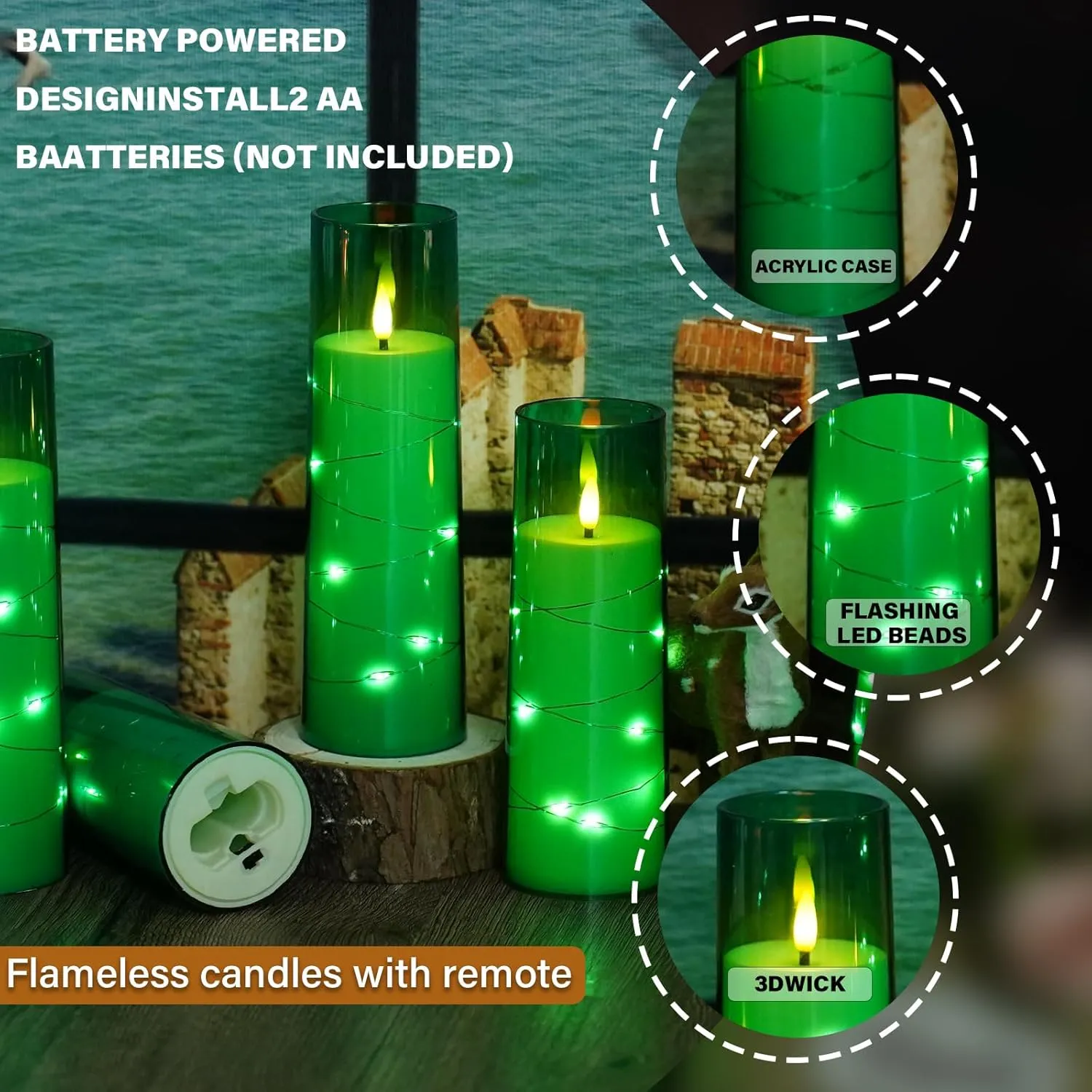 Flickering Flameless LED Candles,Battery Operated Candles 9 Pcs with Embedded Star String,Acrylic LED Pillar Candles with Remote,Suitable for Home Decoration to Create an Atmosphere (Green)