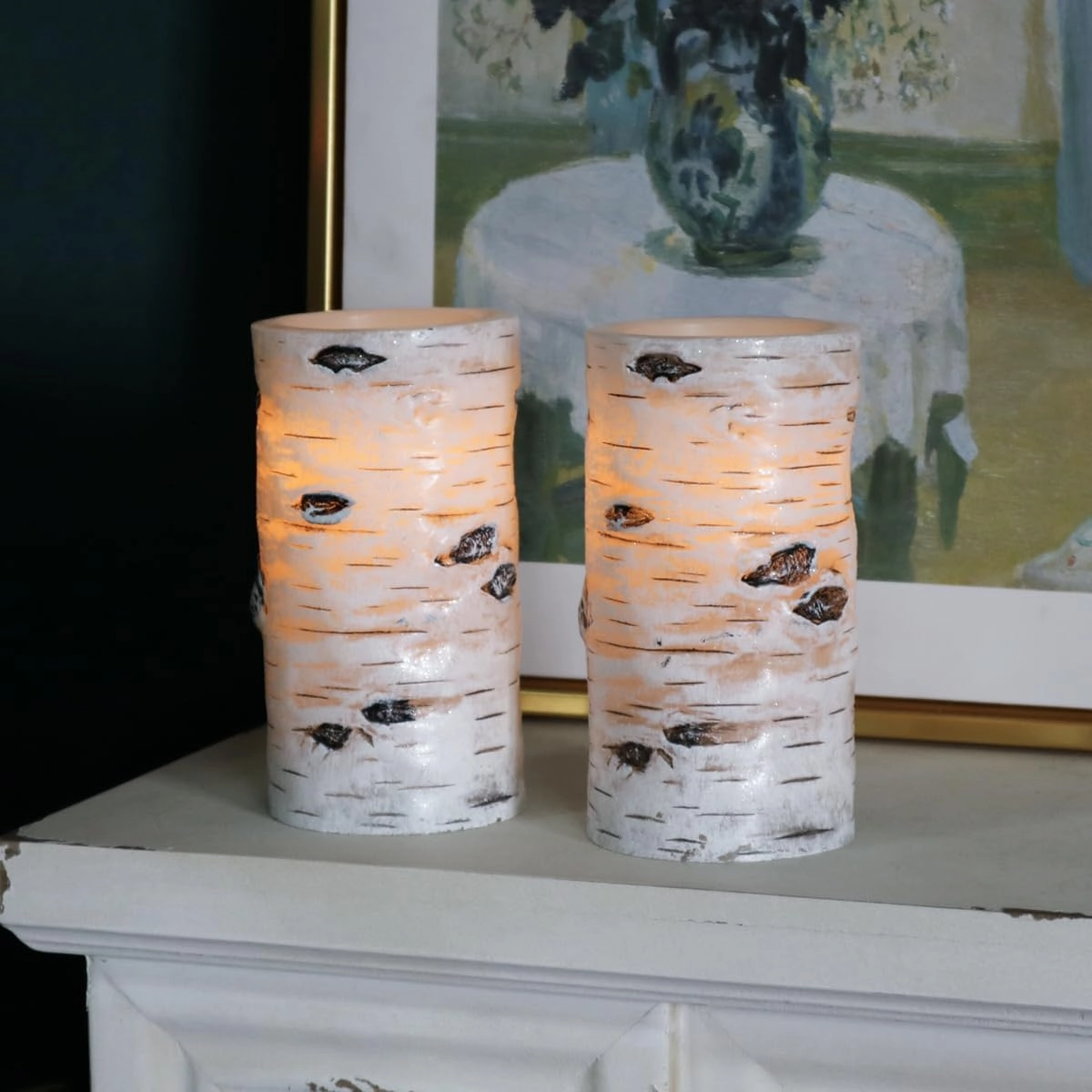 Flickering Flameless Candles Birch Bark Effect Battery Operated Real Wax Pillar Candles LED Candles with Cycling 5H Timer Pack of 2 (3" x 6")