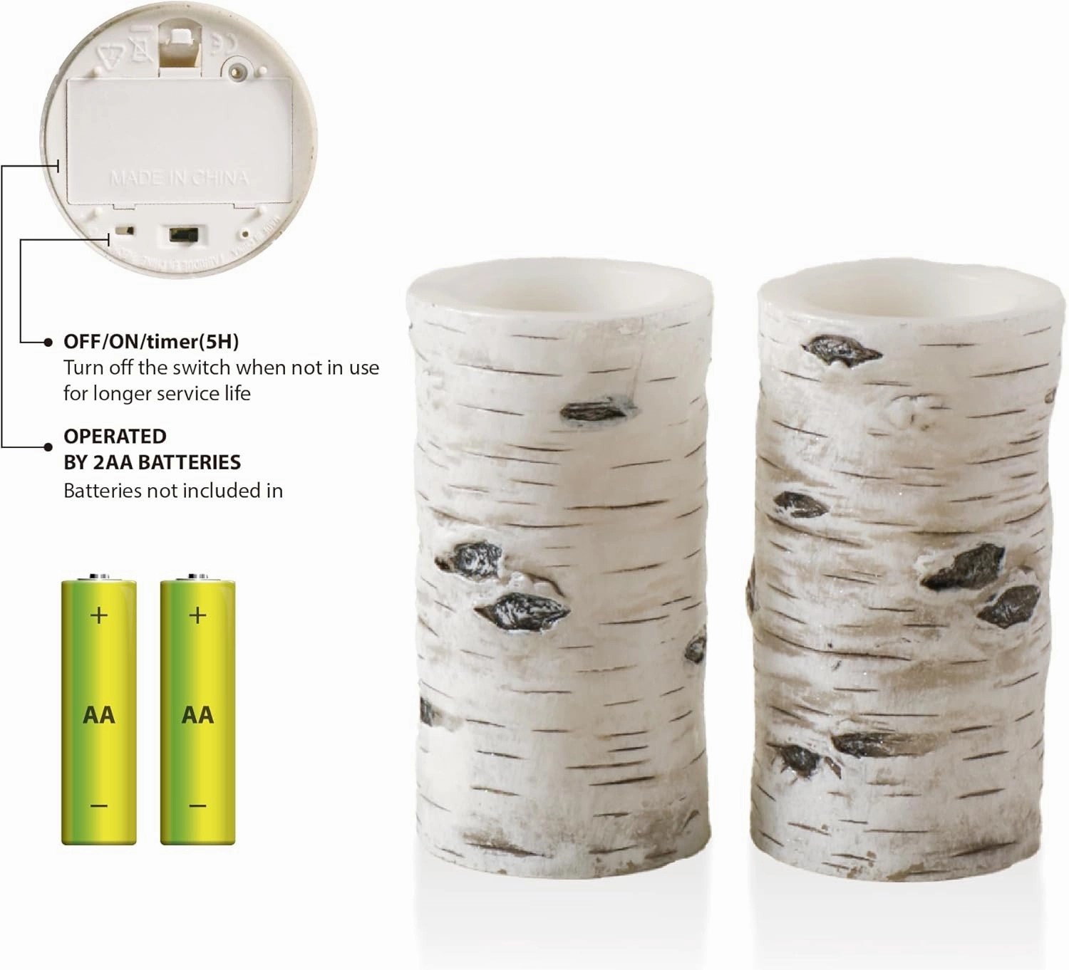 Flickering Flameless Candles Birch Bark Effect Battery Operated Real Wax Pillar Candles LED Candles with Cycling 5H Timer Pack of 2 (3" x 6")