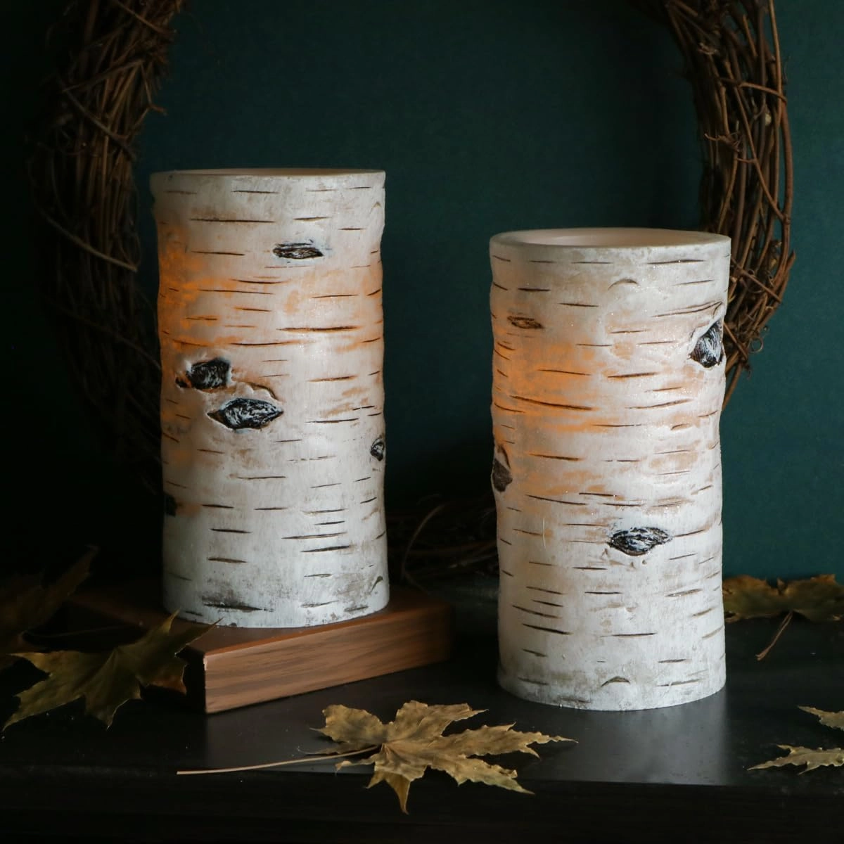 Flickering Flameless Candles Birch Bark Effect Battery Operated Real Wax Pillar Candles LED Candles with Cycling 5H Timer Pack of 2 (3" x 6")