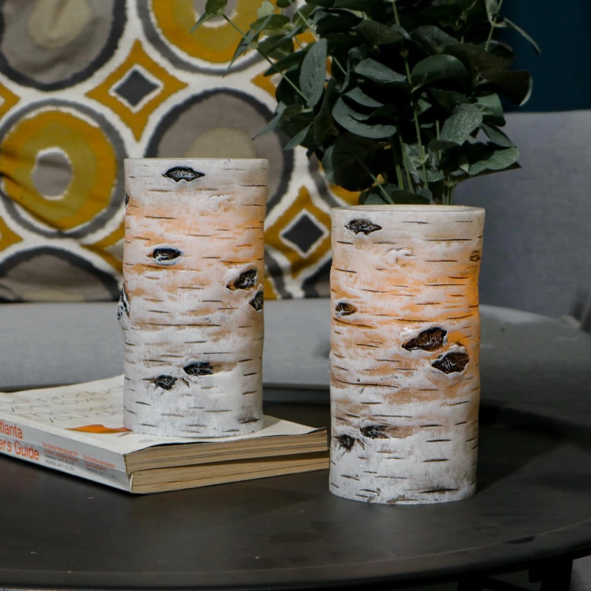 Flickering Flameless Candles Birch Bark Effect Battery Operated Real Wax Pillar Candles LED Candles with Cycling 5H Timer Pack of 2 (3" x 6")