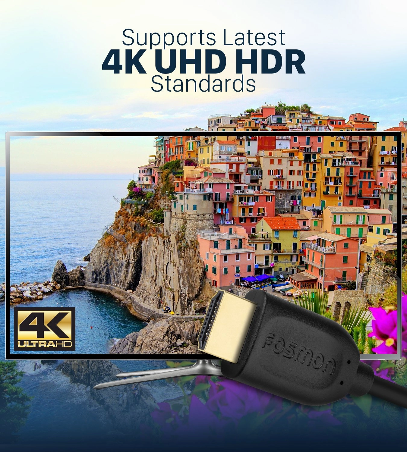 Fosmon 4K HDMI Cable 25FT/7.5M, HDMI 2.0 Cable 4K@60Hz/2160p Support 18Gbps, HDCP, 3D, ARC, Dolby TrueHD, 30AWG Compatible with UHD TV, PC Monitor, Console, PS4, PS5, Xbox 360/One/X/S, Nintendo Switch