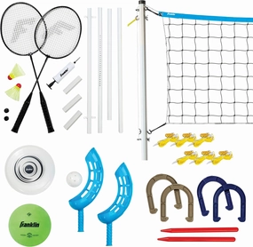 Franklin Sports Fun 5 Combo Outdoor Game Set - Backyard, Beach   Camping Games for Kids - Badminton, Volleyball, Flip Toss, Flying Disc - Horseshoes or Ring Toss