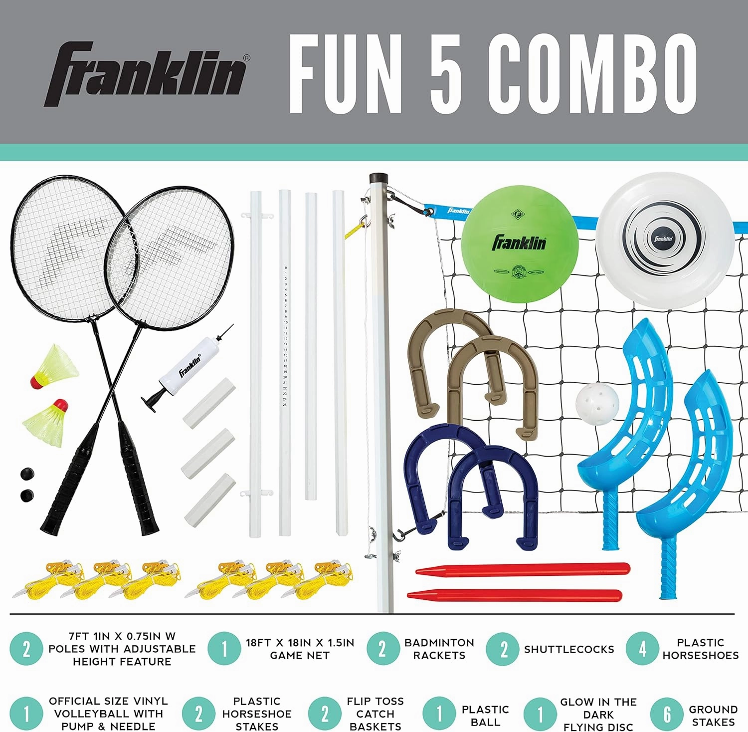 Franklin Sports Fun 5 Combo Outdoor Game Set - Backyard, Beach   Camping Games for Kids - Badminton, Volleyball, Flip Toss, Flying Disc - Horseshoes or Ring Toss