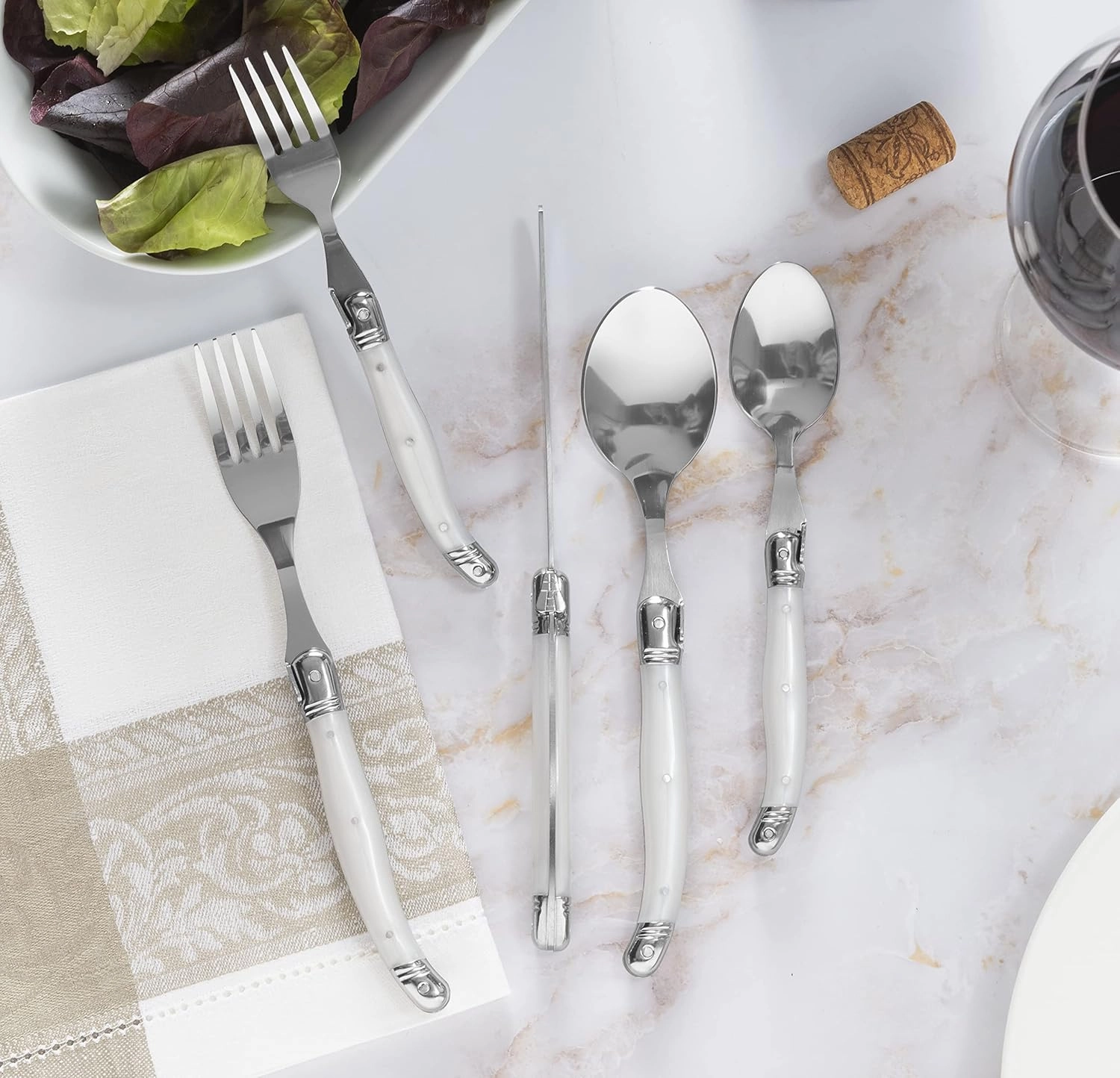French Home Laguiole 20 Piece Flatware Set – Stainless Steel Flatware Set for 4 – Luxurious Pearl White Utensil Set with Knives, Spoons and Forks