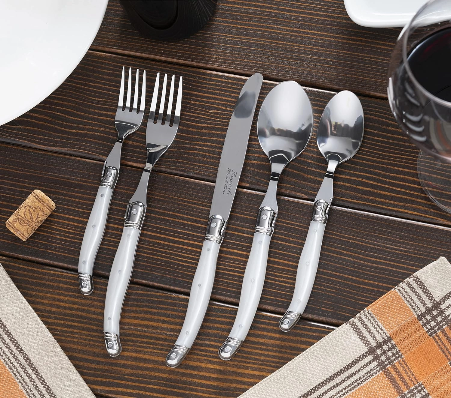 French Home Laguiole 20 Piece Flatware Set – Stainless Steel Flatware Set for 4 – Luxurious Pearl White Utensil Set with Knives, Spoons and Forks
