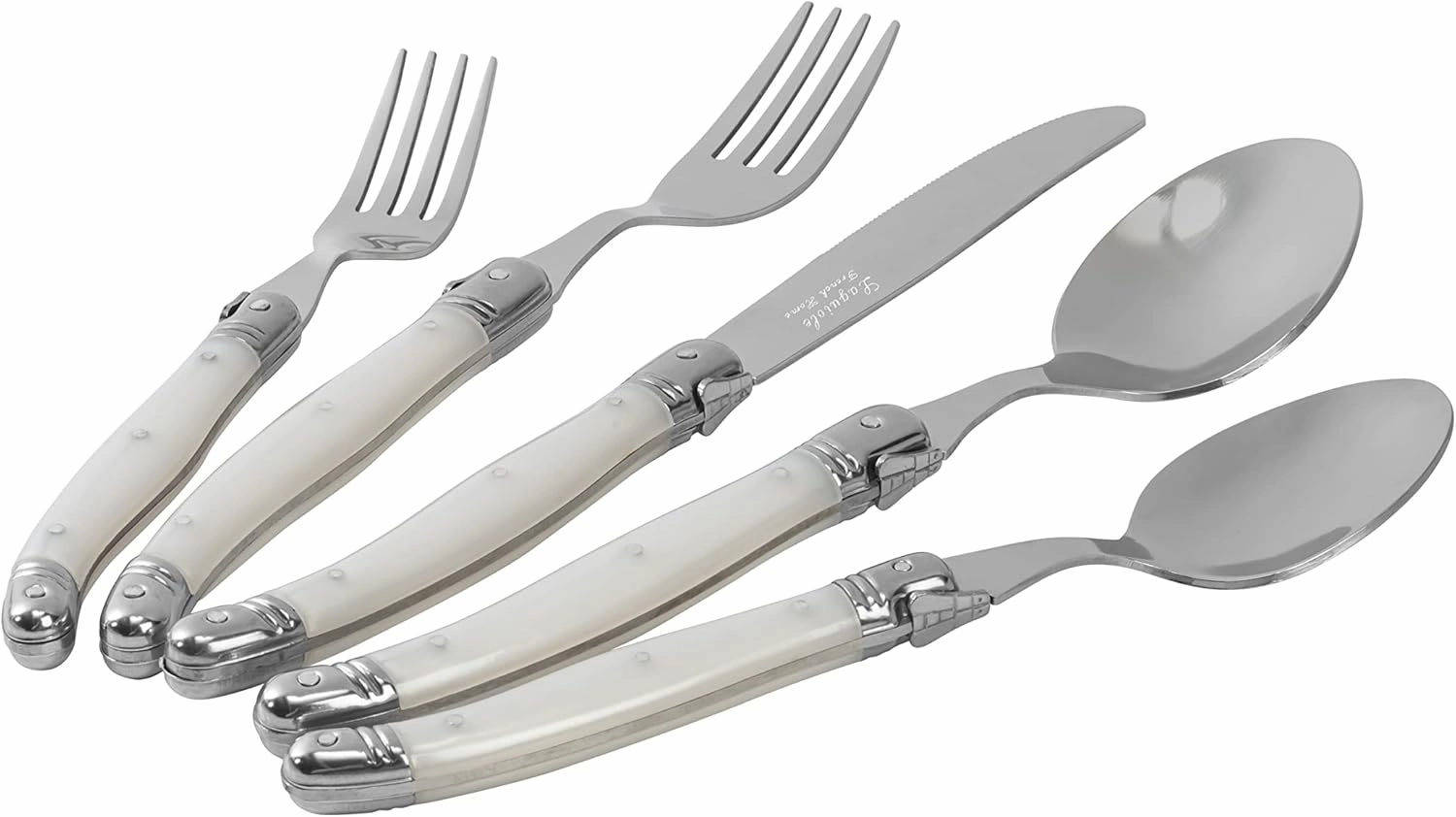 French Home Laguiole 20 Piece Flatware Set – Stainless Steel Flatware Set for 4 – Luxurious Pearl White Utensil Set with Knives, Spoons and Forks