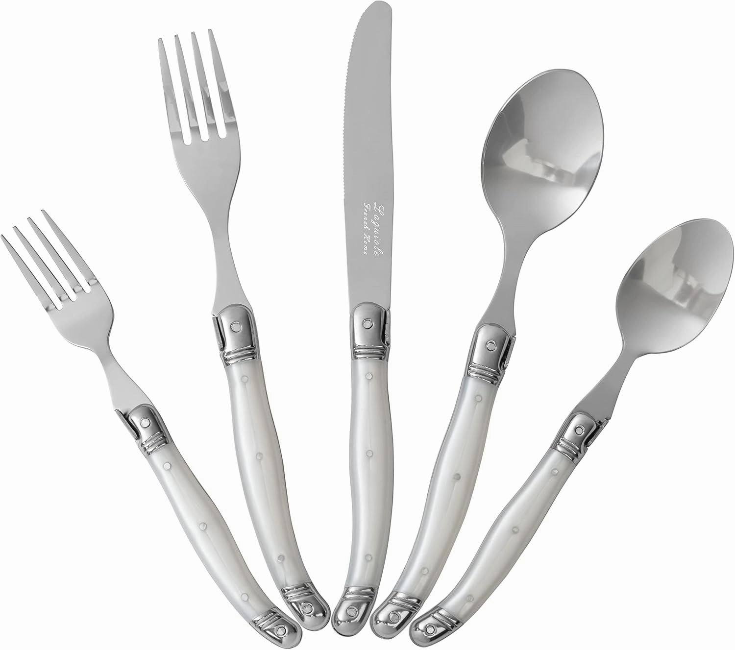 French Home Laguiole 20 Piece Flatware Set – Stainless Steel Flatware Set for 4 – Luxurious Pearl White Utensil Set with Knives, Spoons and Forks