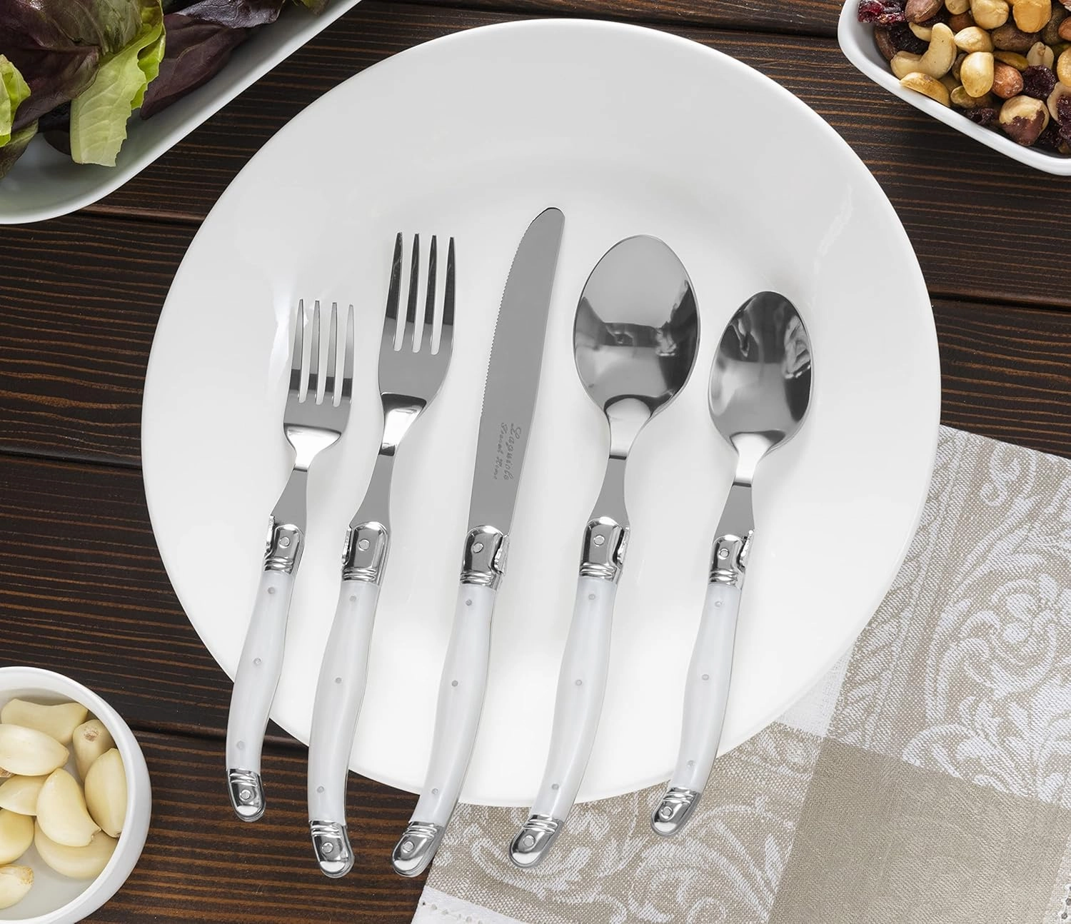 French Home Laguiole 20 Piece Flatware Set – Stainless Steel Flatware Set for 4 – Luxurious Pearl White Utensil Set with Knives, Spoons and Forks