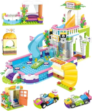 Friends Summer Pool Party Building Set for Girls 6-12, 727 Pcs Creative Building Bricks Blocks Kit with Toy Juice Bar and Hot Tub, Roleplay Gift Party Toy for Boys Girls