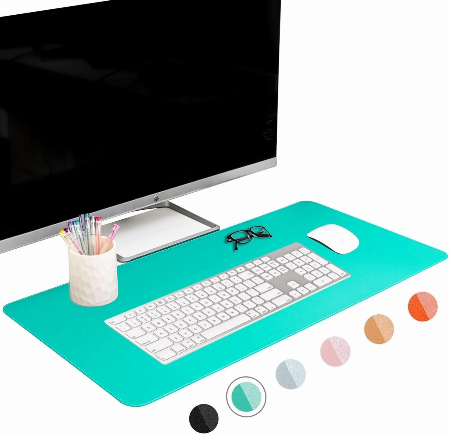 FTC PU Leather Desk Pad and Blotter, Non-Slip Flannelette Base, Stitched, Computer Gaming, Keyboard, Mouse Pad for Home or Office - Turquoise (31.5 x 15.75 Inches)