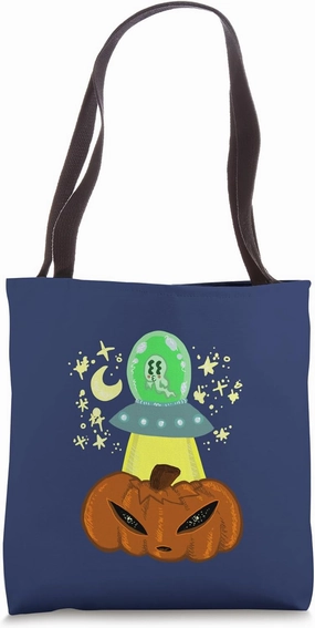 Funky Sci-Fi Halloween Alien Jack O Lantern Y2K Ghost in UFO Tote Bag
