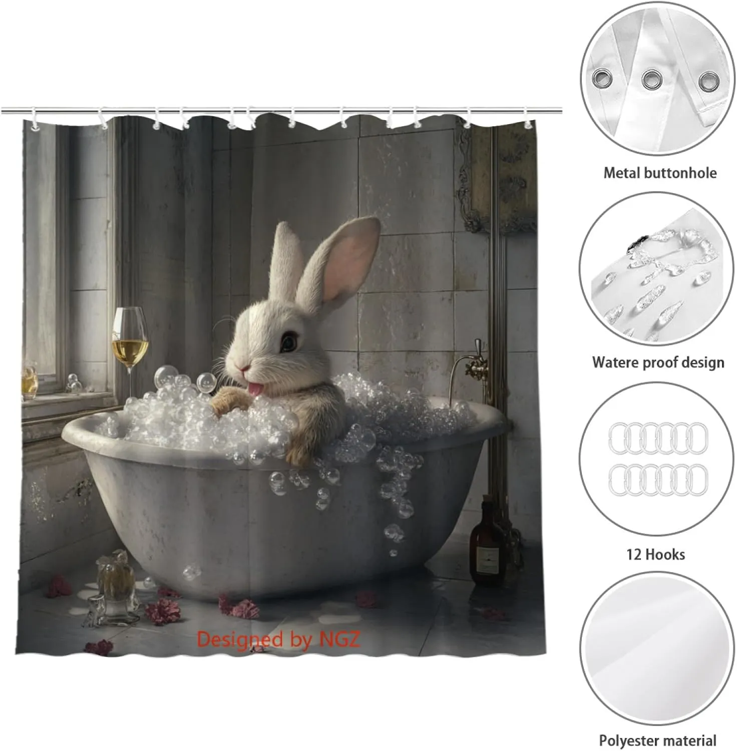 Funny Bunny Shower Curtain, SPA Bunny with Wine, Grey Shower Curtain, 72x72 Inches Floral Shower Curtains for Bathroom, Bath Curtains Set with 12 Hooks
