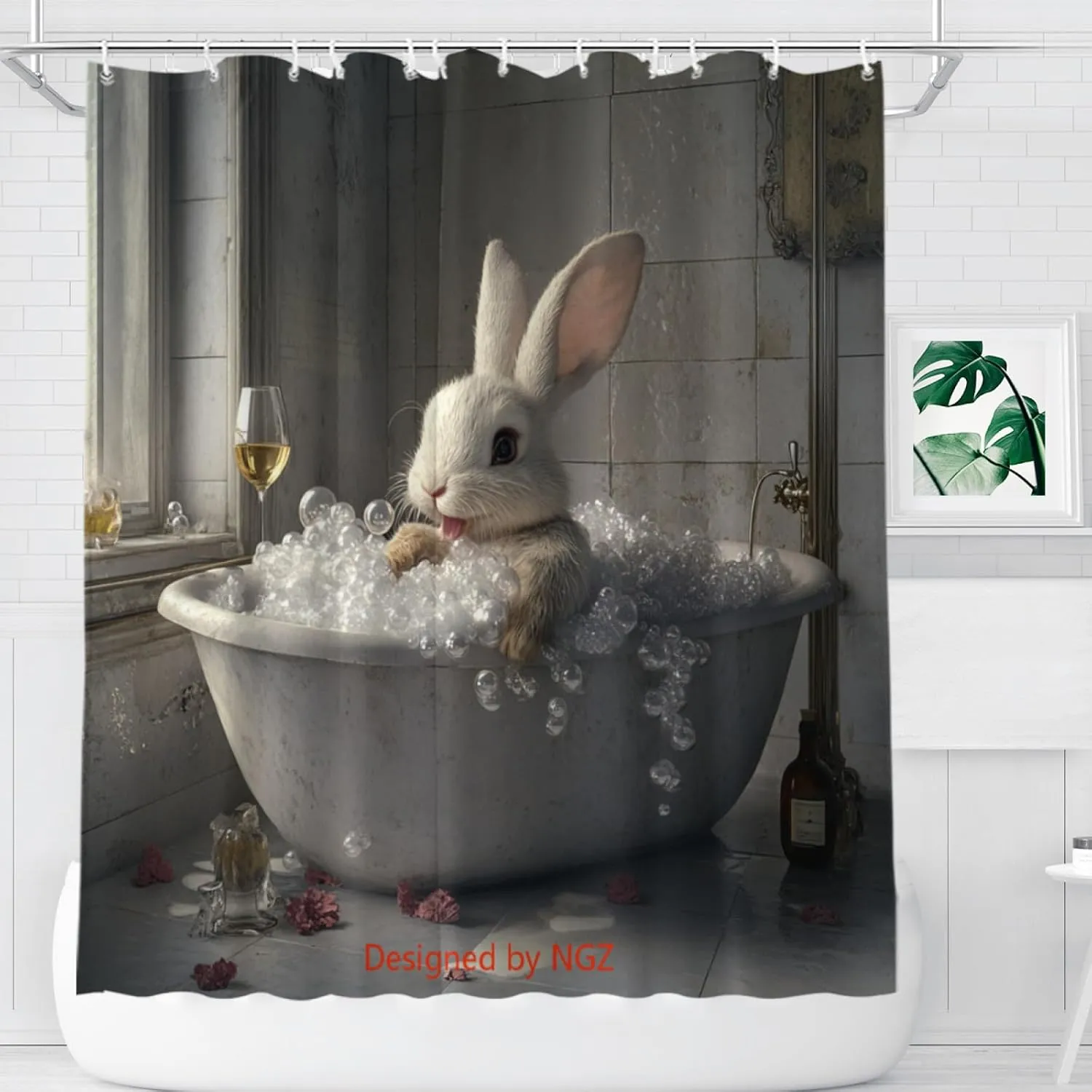 Funny Bunny Shower Curtain, SPA Bunny with Wine, Grey Shower Curtain, 72x72 Inches Floral Shower Curtains for Bathroom, Bath Curtains Set with 12 Hooks