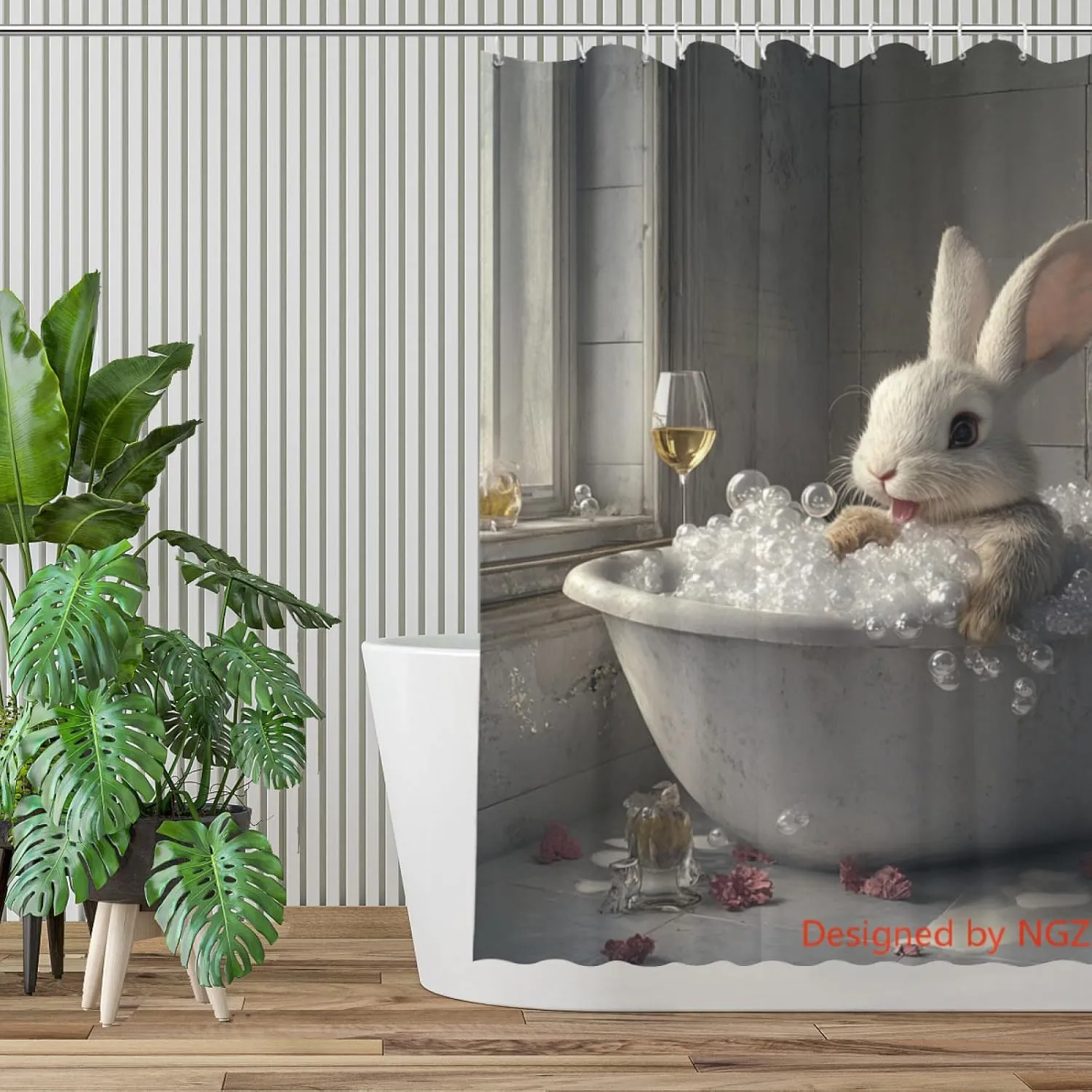 Funny Bunny Shower Curtain, SPA Bunny with Wine, Grey Shower Curtain, 72x72 Inches Floral Shower Curtains for Bathroom, Bath Curtains Set with 12 Hooks