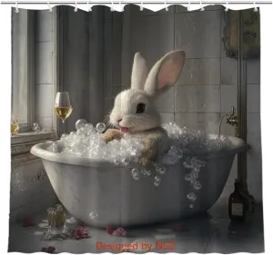 Funny Bunny Shower Curtain, SPA Bunny with Wine, Grey Shower Curtain, 72x72 Inches Floral Shower Curtains for Bathroom, Bath Curtains Set with 12 Hooks