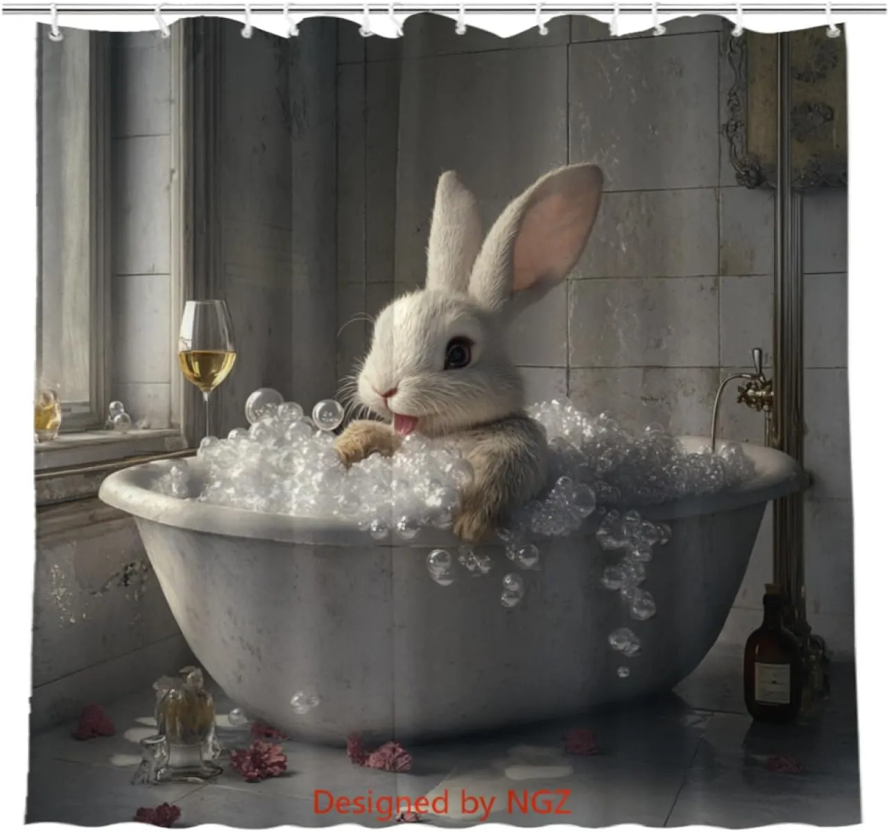 Funny Bunny Shower Curtain, SPA Bunny with Wine, Grey Shower Curtain, 72x72 Inches Floral Shower Curtains for Bathroom, Bath Curtains Set with 12 Hooks