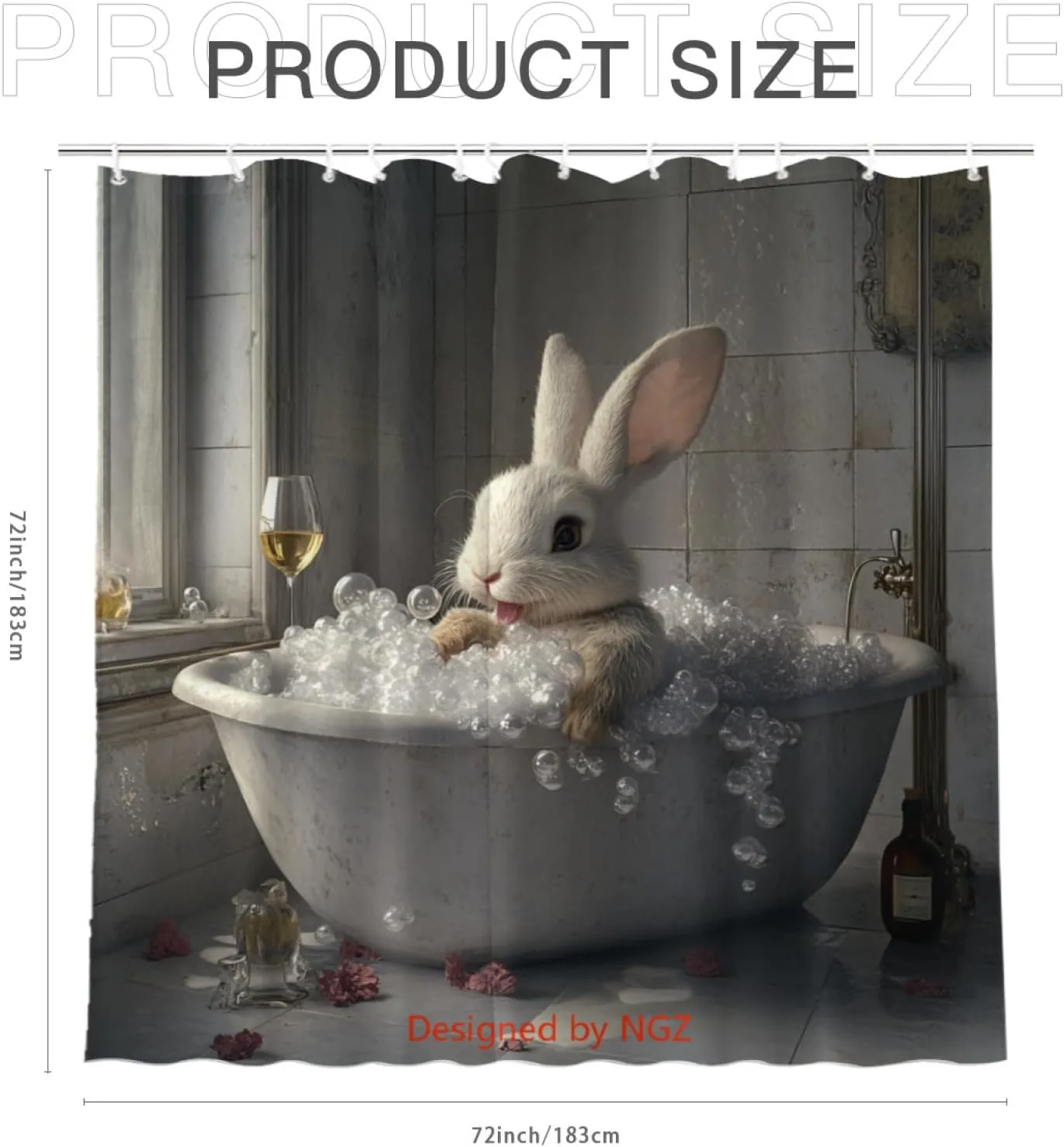 Funny Bunny Shower Curtain, SPA Bunny with Wine, Grey Shower Curtain, 72x72 Inches Floral Shower Curtains for Bathroom, Bath Curtains Set with 12 Hooks