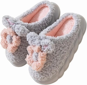Fuzzy Knit House Slippers with Pom Poms, Women's & Men's Indoor Warm Slippers (gray, Adult, Women, 10, Numeric, US Footwear Size System, Medium)