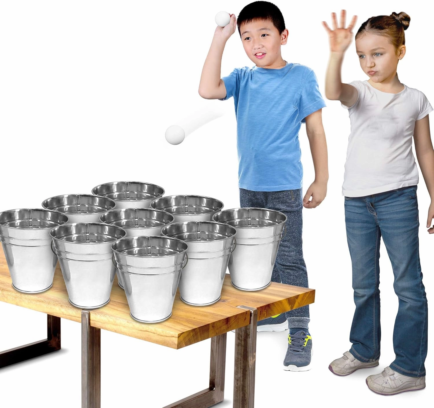 Gamie Bucket Ping Pong Ball Game Includes 9 Metal Buckets, 12 Balls, and 1 Number Sticker Sheet - Fun Party Activity for Kids and Adults, Carnival Games for Kids
